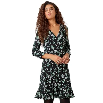 Image of Roman Womens Leaf Print Frill Hem Wrap Stretch Dress Black Size 14 UK