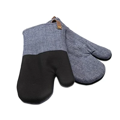 Image of Cuisinart Neoprene Blue Oven Gloves Set of 2 Mitts with Herringbone Cuff, Faux Leather Hanging Loop, Non Slip, Heat Resistant