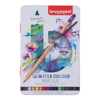 Image of Bruynzeel Expression Watercolor Pencils Set of 12 + Brush in Tin Water Soluble Coloring for Adults, Bullet Journaling