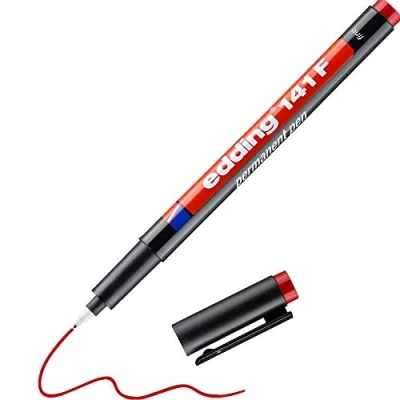 Image of edding 141 F permanent pen red 1 round nib 0.6 mm for writing on glass, plastic, foils and smooth surfaces permanent, quick drying, smudge proof waterproof