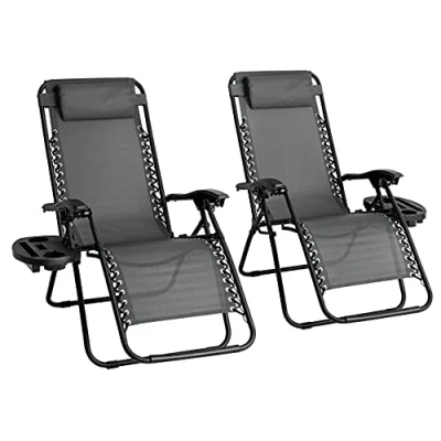 Image of Straame Garden Zero Gravity Chair Set of 2 Heavy Duty Textoline Outdoor &amp; Sunloungers Reclining Folding with Cup Holder and Headrest Pillow(Grey, Classic Chair)