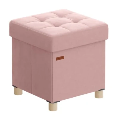 Image of SONGMICS Small Storage Ottoman, 38 x 40 cm, Folding Cube with Lid, Footstool, Footrest, 37 L, Velvet Surface, for Bedroom, Hallway, Living Room, Jelly Pink LSF0516R02
