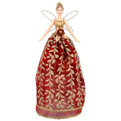 Image of Gisela Graham Red &amp; Gold Fabric Resin 28 Centimetre Tree Top Fairy