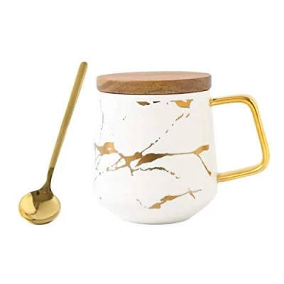 Image of Eplze YBK Tech Porcelain Tea Cup Coffee Mug Set for Afternoon Marble Pattern (White, Tall 400ml + Wood lid)