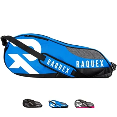 Image of Raquex Tennis Bag Racket for Tennis, Badminton &amp; Squash Racquets. Blue, Black or Magenta. Bag, Holds up to 6 Racquets + Accessories Trainers (Blue)