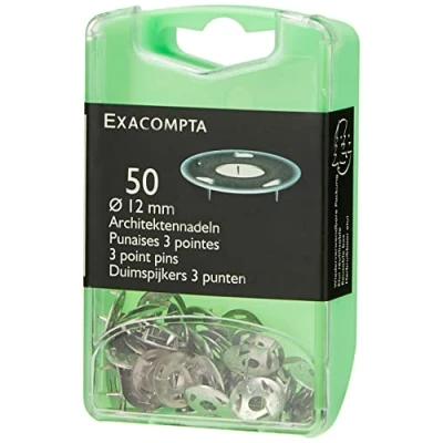 Image of Exacompta Ref 14761E 3 Point Drawing Pins (Pack of 50) 3mm Height x 12mm Width Suitable for Pinboards or Corkboards in Offices, Homes &amp; Businesse