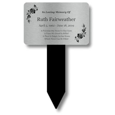 Image of Personalised Memorial Plaque, Ground Stake, Grave Marker Engraved Silver &amp; Black Plaque With Decorative Roses, Outdoor/Indoor Use, Shipped Globally.