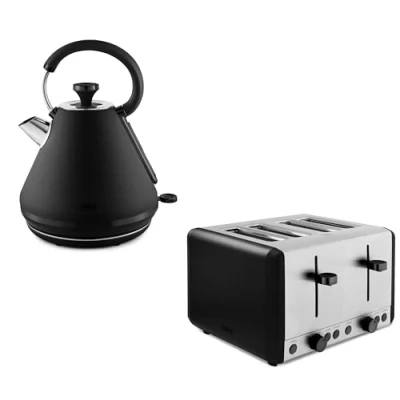 Image of Tower Sera 1.7L 3KW Pyramid Kettle &amp; 4 Slice Toaster Matching Set in Black with Smoked Trim