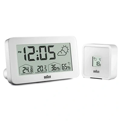Image of Braun Digital Weather Station Clock with Indoor and Outdoor Temperature Humidity, Forecast, LCD display, Quick set, Crescendo beep alarm in white, model BC13WP.