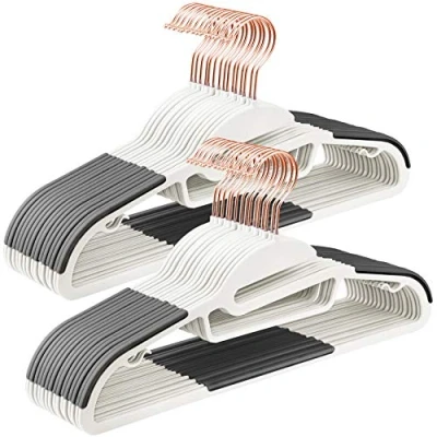 Image of SONGMICS 30 Pack Coat Hangers, Plastic Suit Heavy Duty, S Shaped Opening, Non Slip, Space Saving, 0.5 cm Thick, 360 Rose Gold Swivel Hook, 41.5 Wide, White and Grey CRP043W01
