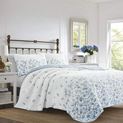 Image of Laura Ashley Flora Collection Quilt Set 100% Cotton, Reversible Bedding with Matching Sham(s), Pre Washed for Added Softness, Twin, Blue