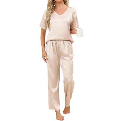 Image of Reliwel Silk Pyjamas for Women Women&#039;s Pyjama Sets V Neck Short Sleeve Shirt Pjs with Long Pajama Pants Soft Loungewear two Piece Ladies All Seasons S 2XL Wine Red