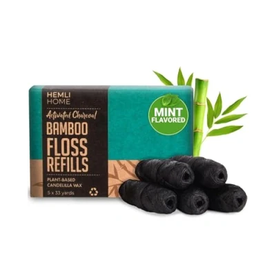 Image of Bamboo Charcoal Dental Floss Refills, Bambo Woven Fibres, 5 x 33 Yards, Organic Refillable Floss, Natural Eco Friendly Floss. Plant Based Candelilla Wax with Mint Flavoring