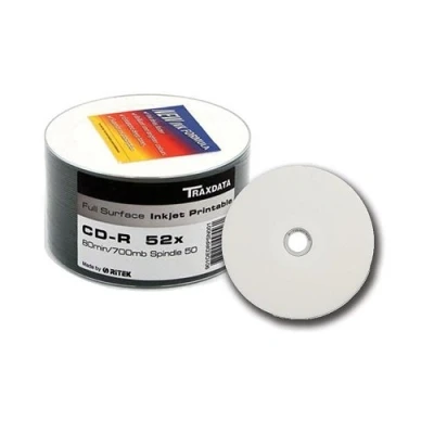 Image of 100 Genuine Traxdata Ritek White Hub Inkjet Printable CD R 8x 700MB 80 mins in Shrinkwrap (2 x 50 packs)