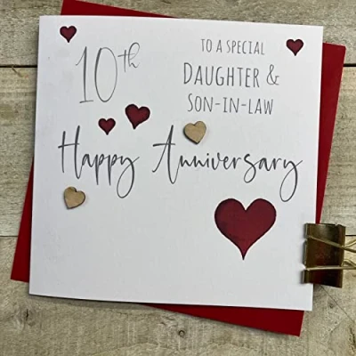 Image of WHITE COTTON CARDS DAUGHTER &amp; SON IN LAW, WEDDING ANNIVERSARY HEARTS CARD, HANDFINISHED (S108 DS10)