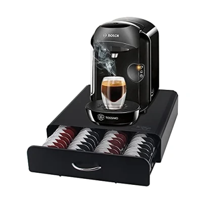 Image of Ever Rich ® Tassimo Pod Holder 64pcs T Disc Coffee Capsules Bosch Stand &amp; Storage Drawer Anti Vibration Design I Comes With a Micro Fiber Cleaning Cloth (Metal/Black) (64)