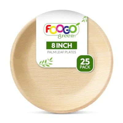 Image of FOOGO Green 25 Disposable Palm Leaf Plates, 8&quot;(20cm) Medium Round, Eco Friendly Biodegradable Compostable Like Wooden Bamboo Paper Plates for Hot Food, Picnic Party