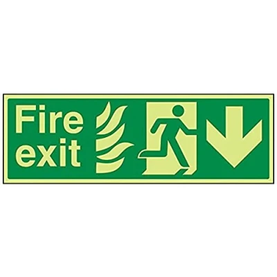 Image of V Safety Glow In The Dark NHS Fire Exit Arrow Down Sign 450mm x 150mm Rigid Plastic