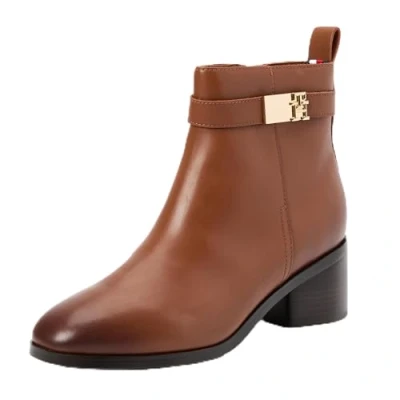 Image of Tommy Hilfiger LOGO MID HEEL Bootie Ankle boots, Women&#039;s, Size: 7, Cognac brown Leather