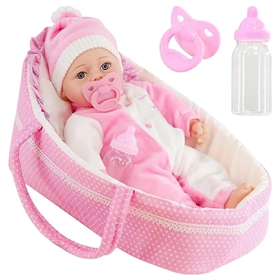 Image of The Magic Toy Shop Bibi Doll Baby With Sounds &amp; Carry Cot Bed Pillow Handles Carrier Play Set