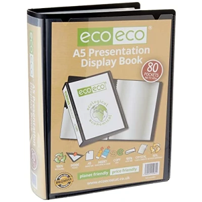 Image of eco A5 Size 50% Recycled 80 Pocket Black Presentation Display Book, Storage Case Portfolio Art Folder with Plastic Sleeves