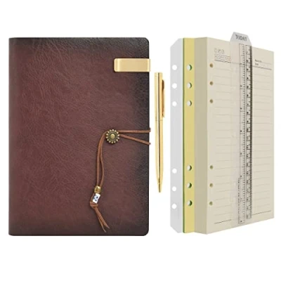 Image of WONDERPOOL A5 Leather Diary Lined Paper Notebook &amp; Pen Refillable 6 Ring Binder Writing Spiral journal for Office Travel Work and Plan Agenda (a Coffee, A5)