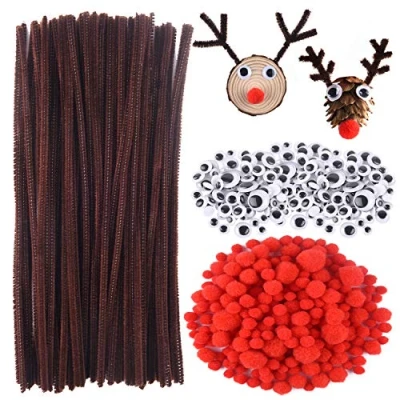 Image of CHRORINE 830 Pcs Christmas Pipe Cleaners Craft Set, supplies, 150 Brown Chenille, 360 Googly Eyes, 320 Red Pom Poms for Reindeer DIY Crafts