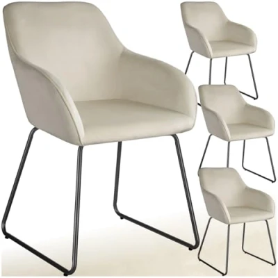 Image of TecTake® Set of 4 Dining Chairs with Soft Velvet Look Covers &amp; Curved Steel Frames, Armchair Plush Padding Ergonomic Backrests, Ideal as Room, Kitchen Desk Chair Cream/Black