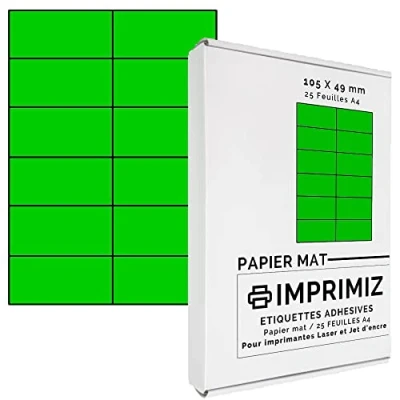 Image of 300 Self Adhesive Fluorescent Green Labels 105 x 49.5 mm 12 per Sheet 25 Sheets of A4 Coloured Paper for Inkjet and Laser Printing