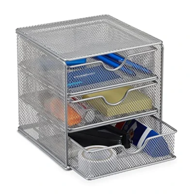 Image of Relaxdays Desk Organizer, Metal Mesh Storage Box, File Sorter, Stationery Office Tray, HWD: 17x16x17 cm, Silver, Steel