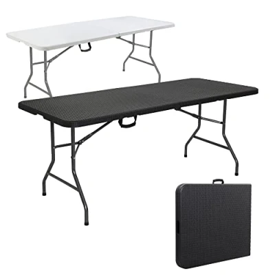 Image of Arebos Buffet table foldable 182 x 74 cm rattan look camping party folding garden 6 persons Ink. Carrying handle Black