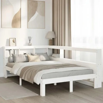 Image of vidaXL Double Bookcase Bed Solid Pine Wood, White, 135x190 cm Rustic Headboard with Ample Storage &amp; Space Saving Design, Stable Slatted Base for Optimal Mattress Support Bedroom Furniture