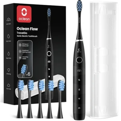 Image of Oclean Flow TravelGo Electric Toothbrush Set, 180 Days Battery Life Sonic with Travel Case, 5 Modes 6 Brush Heads and IPX7 Waterproof, Black