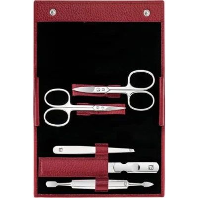 Image of Zwilling Manicure Set (5 Pieces, Nail Care and Pedicure with Genuine Leather Case Scissors Cuticle Scissors), Polished Stainless Steel, Red