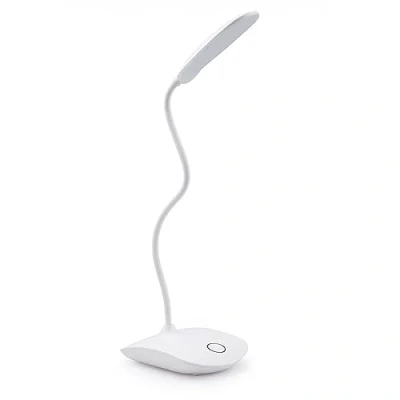 Image of LED table lamp, desk bedside light, rotatable, flexible base, dimmable, battery operated, white