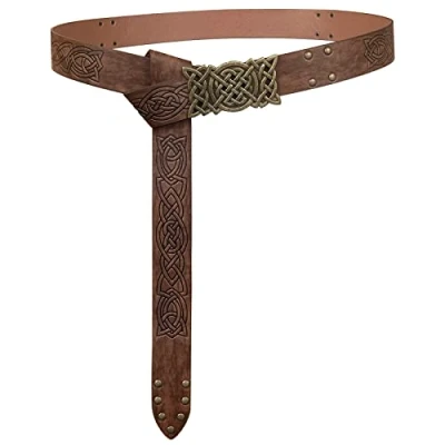 Image of HiiFeuer Viking Embossed Buckle Belt, Nordic Faux Leather Knight Retro Medieval Warrior Belt for LARP (Brown A)