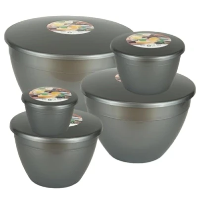 Image of Just Pudding Basins Silver Space Saving Set of Plastic Steam Bowls and Lids 5 Popular Sizes Up to 3 Pints
