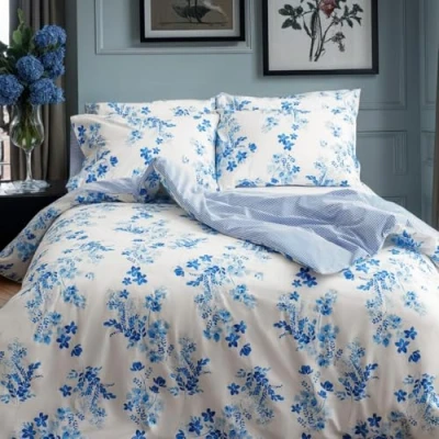 Image of LERUUM Kingsize Duvet Cover Sets Cotton Cosy Bedding Blue Floral Striped Reversible Pattern Christmas Quilt Set (King Size Blue)