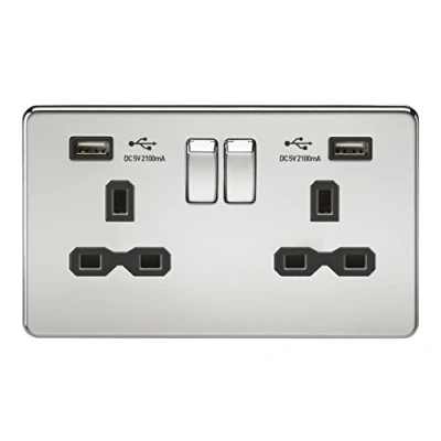 Image of KnightsBridge 13A 2G Screwless Polished Chrome Switched Socket with Dual 5V USB Charger Ports Black Insert