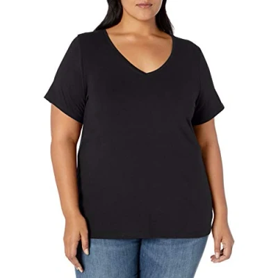 Image of Amazon Essentials Women&#039;s Short Sleeve V Neck T Shirt (Available in Plus Size), Black, 3XL