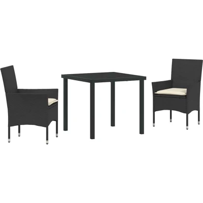 Image of vidaXL 3 Piece Garden Dining Set with Cushions Black Poly Rattan