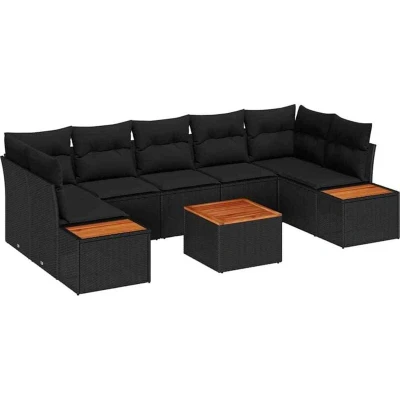 Image of vidaXL 8 Piece Garden Sofa Set with Cushions Black Poly Rattan Acacia
