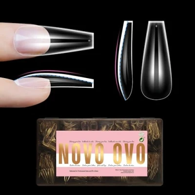 Image of NOVO OVO L Sculpted Thick Coffin Nail Tips for Flat Nails, Extra Long False Nails Press on, Full Cover Soft Gel Extension Fake Acrylic kit, Clear X 15 Sizes 450pcs