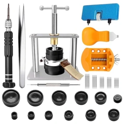 Image of Watch Repair Kit, GLDCAPA Press Tool Set, Case Opener, Battery Replacement, Band Replacement Tool, Screwdriver, Back Remover Holder, Spring Bar, Tweezers