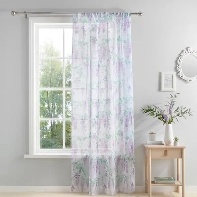 Image of Dreams &amp; Drapes Purple Wisteria Single Net Curtain for Windows W55 x L90 (140 228cm) Floral Window White Voile Bedroom Living Room Sheer Curtains