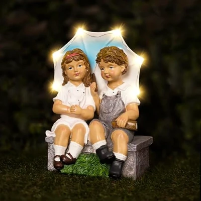 Image of garden Mile solar powered Ornament Hard wearing weatherproof Resin Decor Boy and Girl Figurine umbrella, sculpture for outdoor (Solar Umbrella Girl)