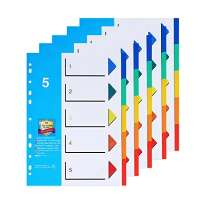Image of [5 Pack]A4 File Dividers 5 Part Index Number 1 5(5 Pack) A4 Subject with 11 Hole Punched Reinforced Colour Tabs for Home Office