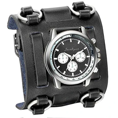Image of JewelryWe Black Hip hop Gothic Punk Style Men Watch Wide Leather Fashion Cuff Wristwatch Free Customized Engraving