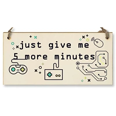 Image of Handmade Wooden Hanging Wall Plaque Just 5 More Minutes Gamers Computer Game Fans Man Cave Sign