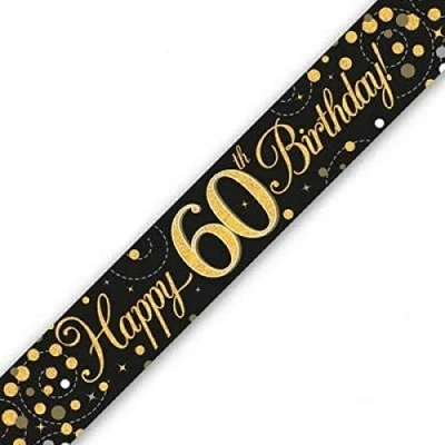 Image of Louise&#039;S 9ft Banner Sparkling Fizz 60th Birthday Black &amp; Gold Holographic